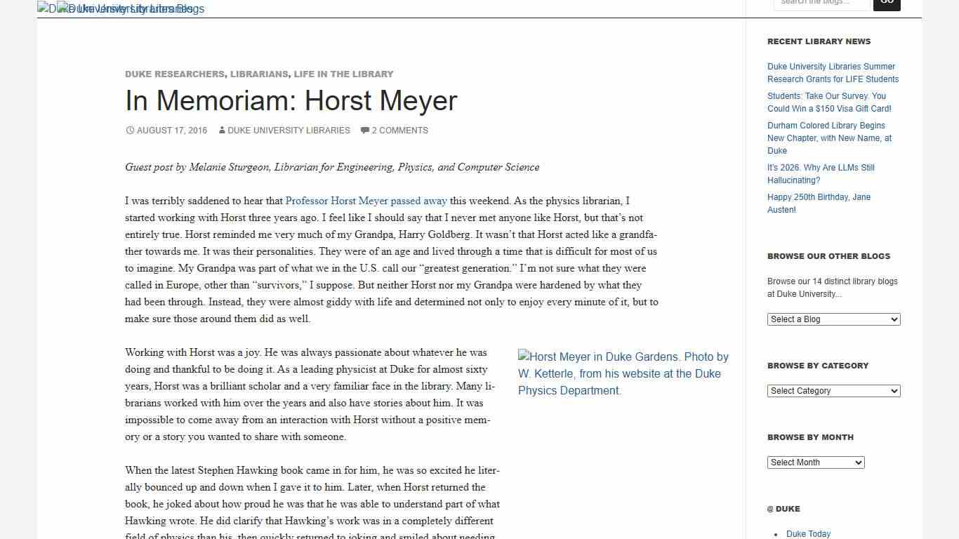 In Memoriam: Horst Meyer - Duke University Libraries Blogs